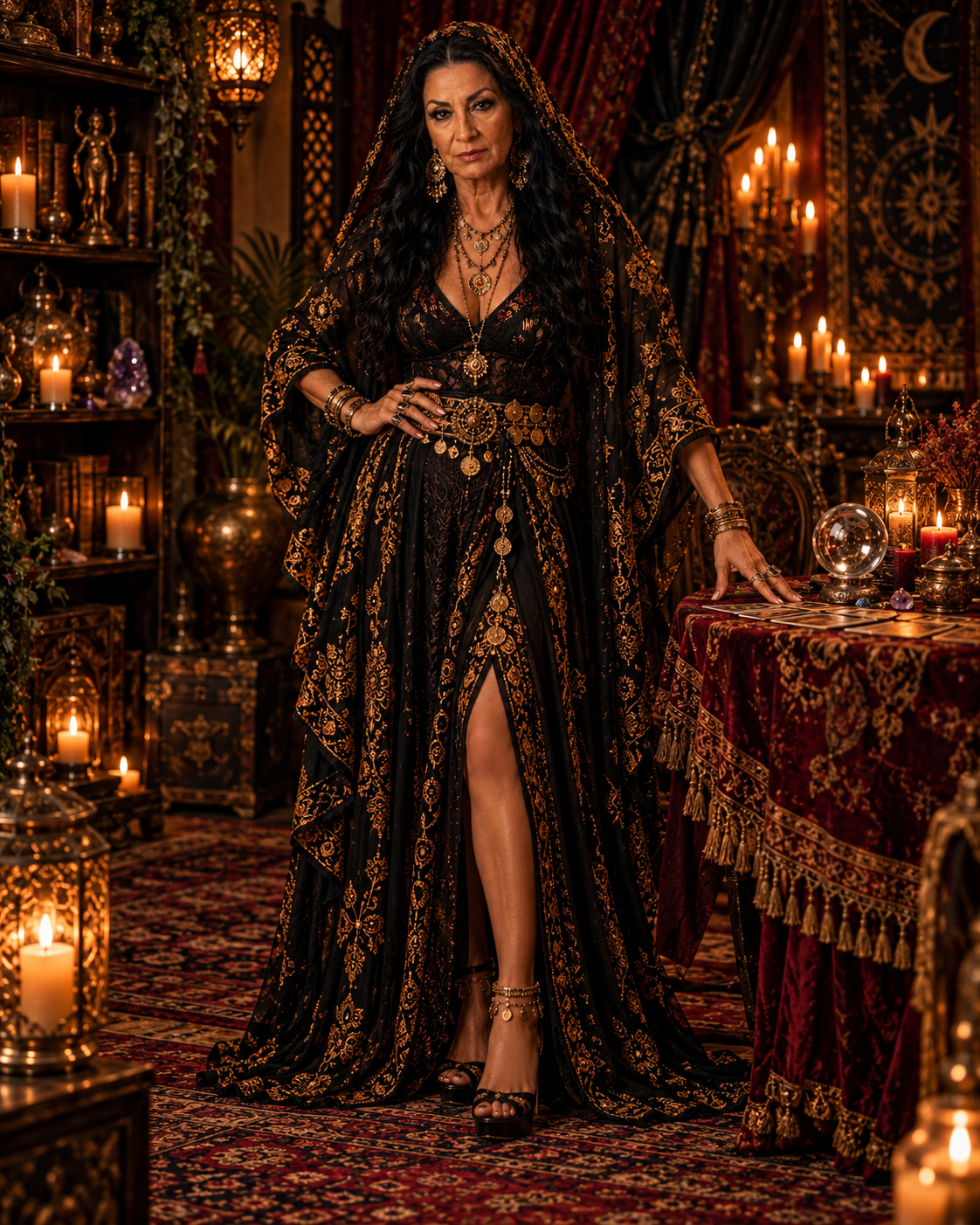 Zarina, the virtual AI character of ZARINA AI, seated by candlelight with antique books and symbolic cards